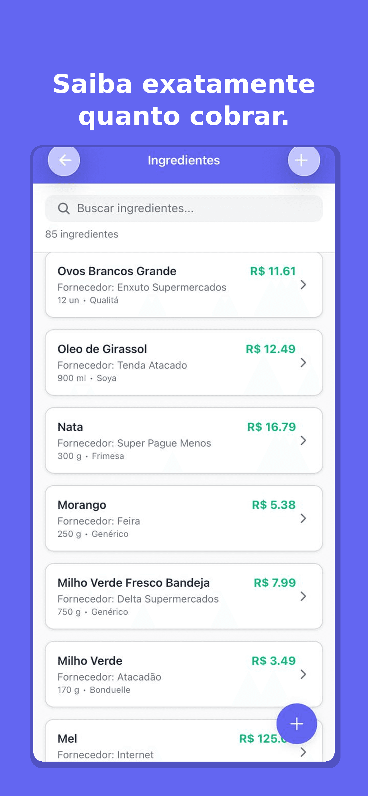 App de precificação para confeitaria - Controle de ingredientes e custos por fornecedor