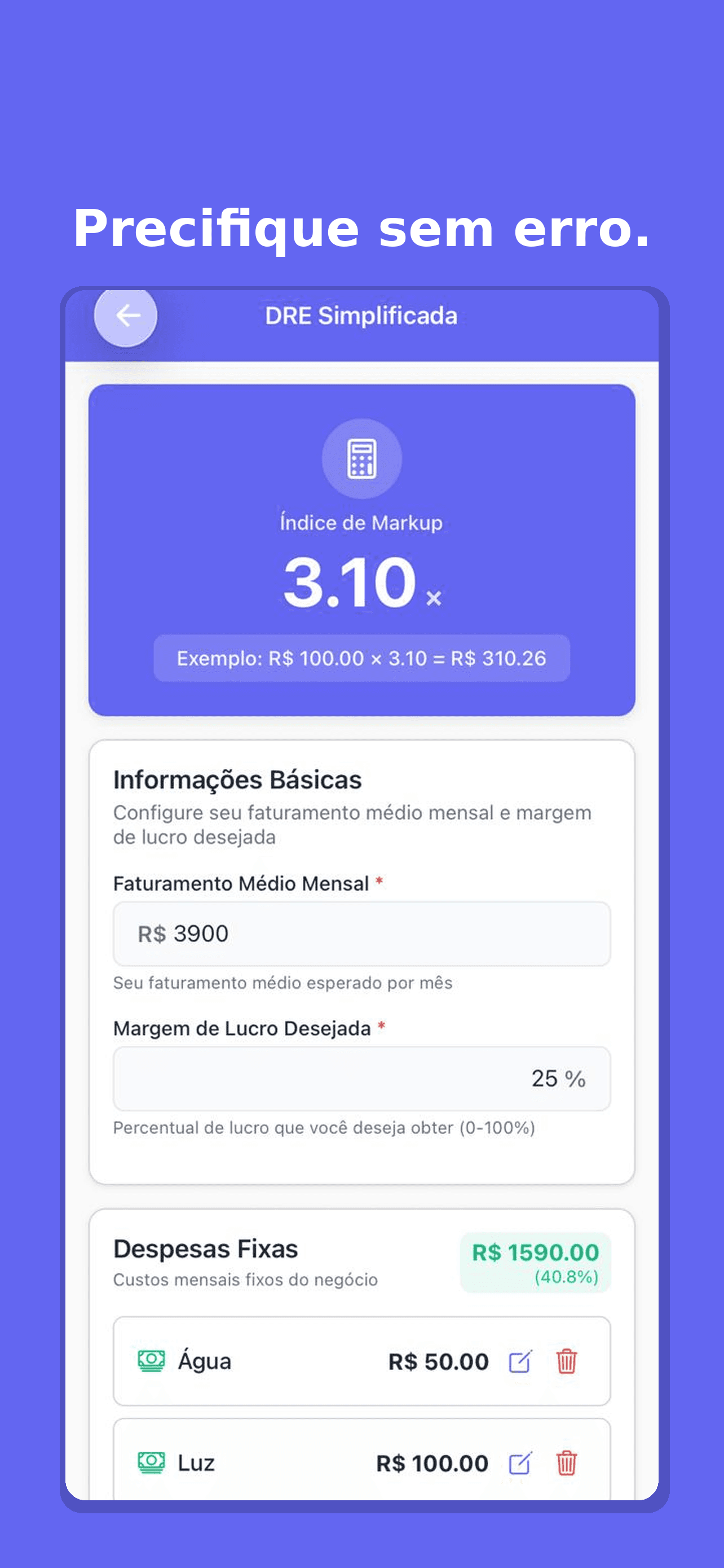 App de precificação para confeitaria - DRE simplificada e cálculo de markup automático