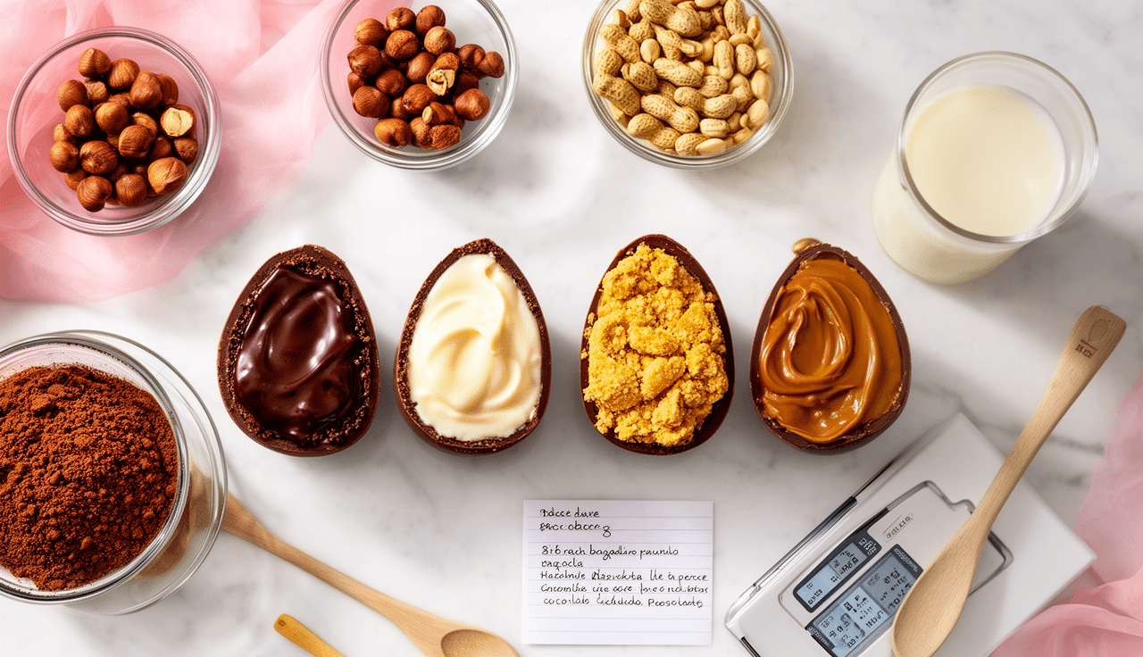 Ovos de Páscoa de chocolate recheados com brigadeiro, doce de leite, creme de avelã e paçoca sobre superfície de mármore branco, com ingredientes ao redor