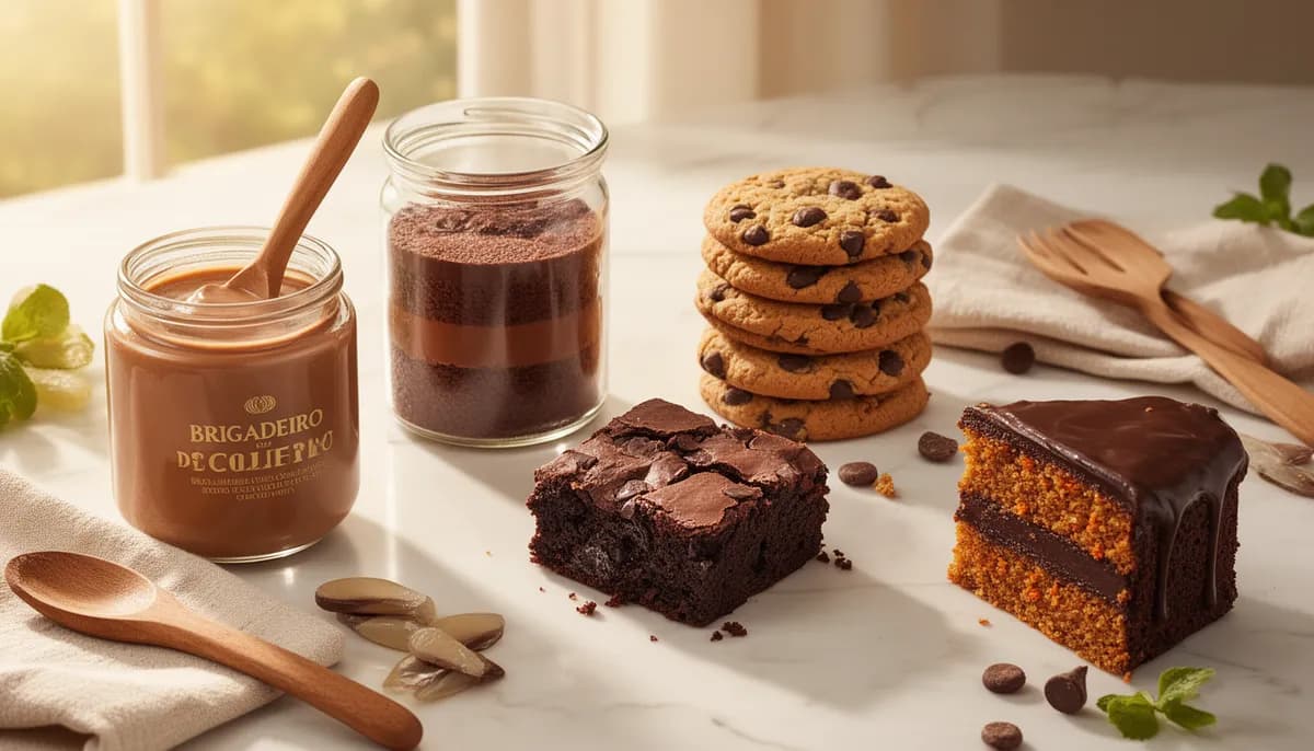Composição de cinco doces caseiros brasileiros em superfície de mármore branco: brigadeiro, brigadeiro de colher em vidro, bolo de cenoura com cobertura, beijinhos de coco e biscoitos, acompanhados de