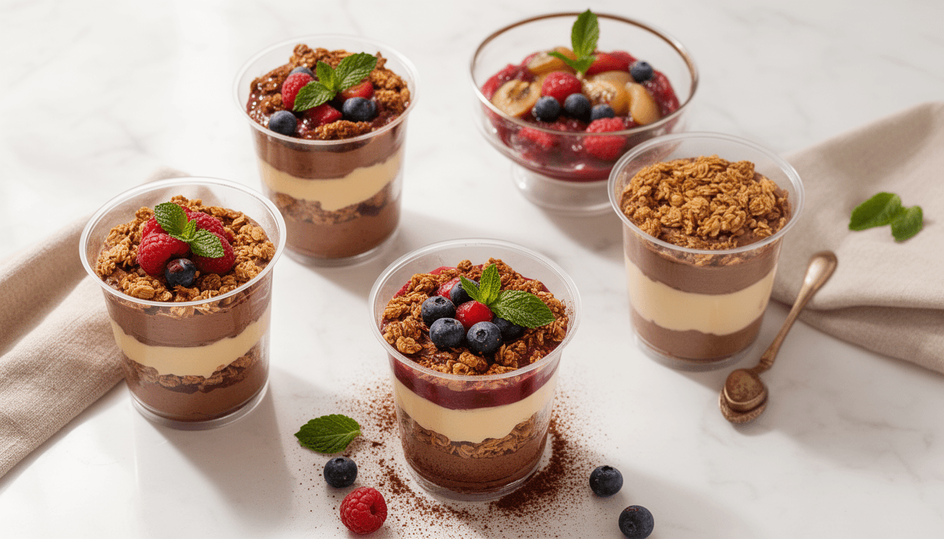 Cinco sobremesas em taça com camadas de creme, chocolate e frutas sobre bancada de mármore com iluminação natural