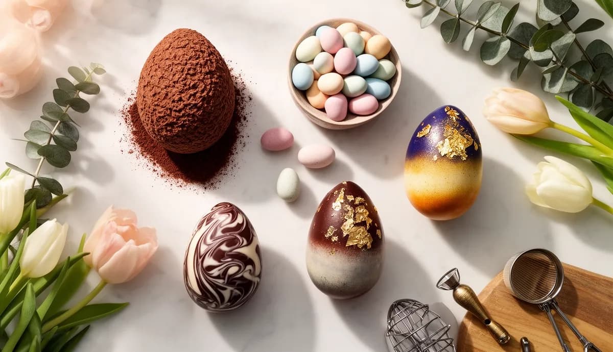 Cinco ovos de páscoa artesanais com diferentes texturas e acabamentos sobre mármore branco com flores da primavera e ferramentas de confeitaria