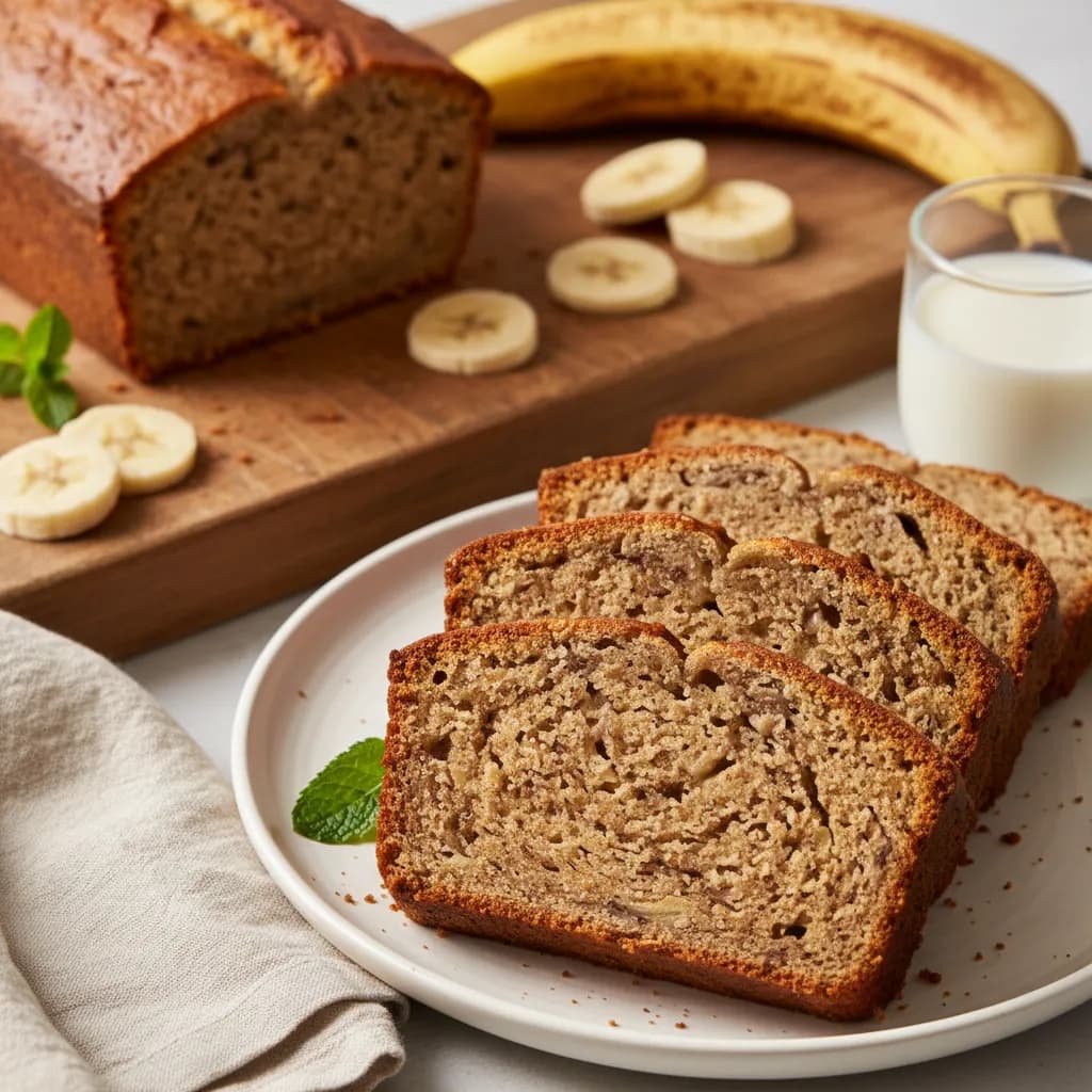 Banana bread fatiado em prato branco com banana fresca e copo de leite ao fundo, apresentação profissional para confeitaria
