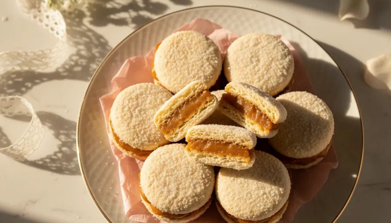 Bem casados caseiros com recheio de doce de leite em prato branco com ingredientes ao fundo
