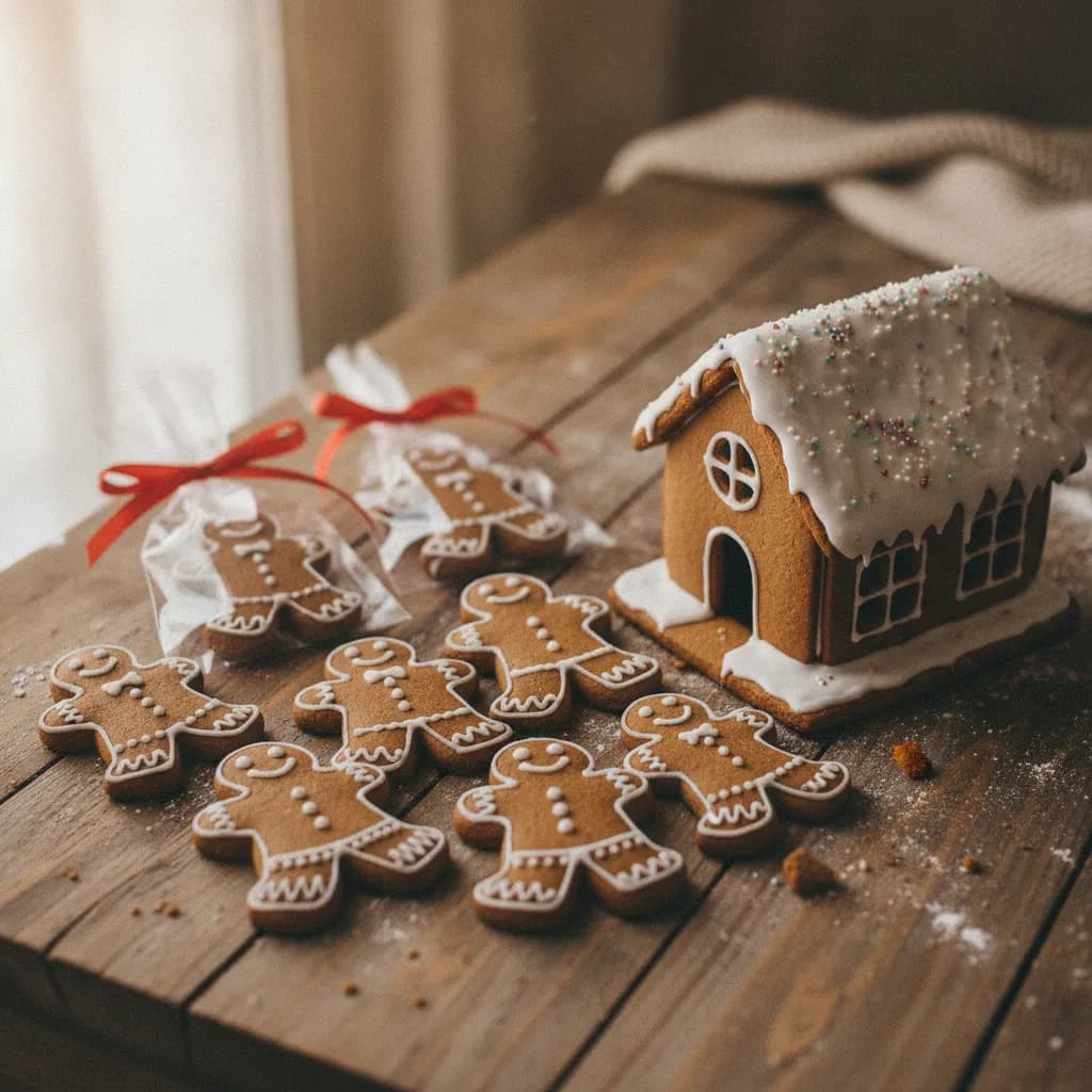 Biscoitos de gengibre em formato de bonequinho decorados com glacê, alguns em saquinhos com laço vermelho, ao lado de uma casinha de gengibre decorada