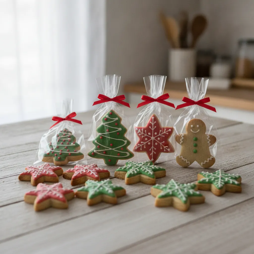 Biscoitos amanteigados de Natal decorados com glacê real em formato de árvore, estrela, floco de neve e boneco de gengibre, alguns embalados em saquinhos com laço vermelho