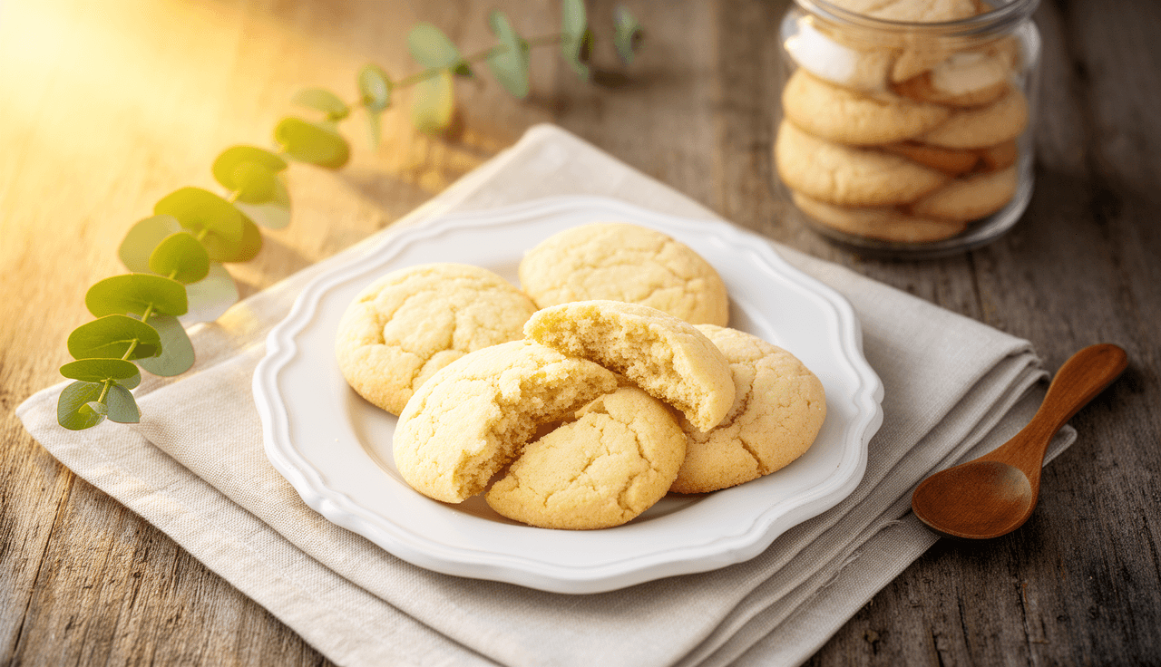 Biscoitos amanteigados caseiros em prato branco com embalagem de vidro ao fundo, iluminação natural quente