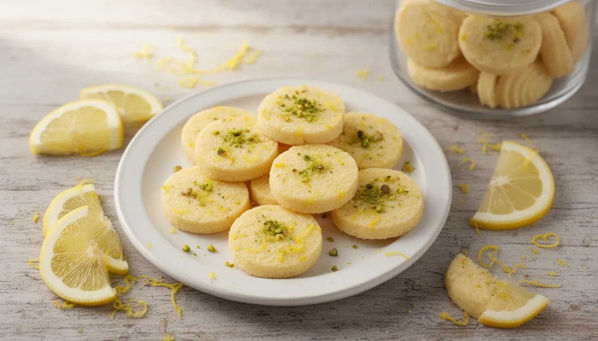 Biscoitos amanteigados de limão dourados sobre prato branco com fatias de limão fresco