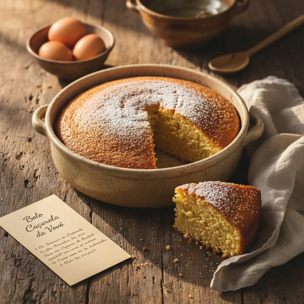 Bolo caçarola com cobertura de chocolate em prato branco sobre mesa de madeira rústica com iluminação natural