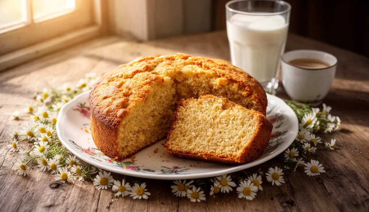 Bolo caseiro simples fatiado sobre prato branco, com café e leite ao fundo, iluminação natural de janela