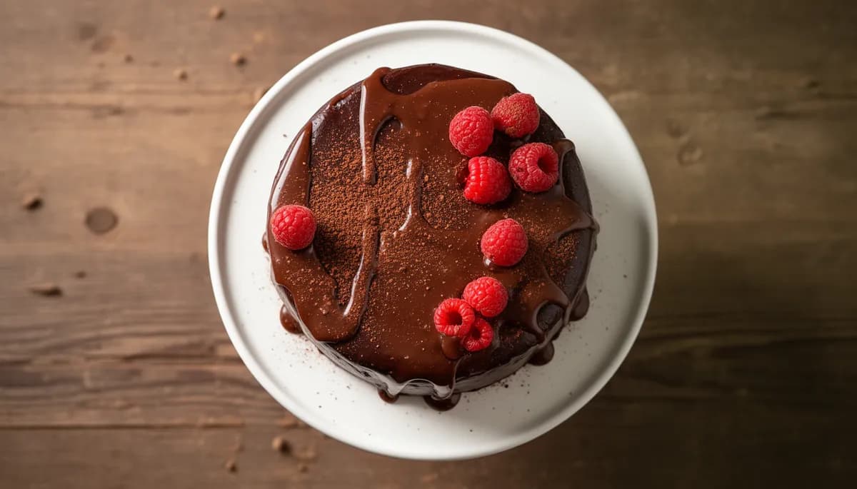 Bolo de chocolate meio-amargo com calda de brigadeiro brilhante sobre suporte branco, decorado com framboesas frescas e pó de cacau