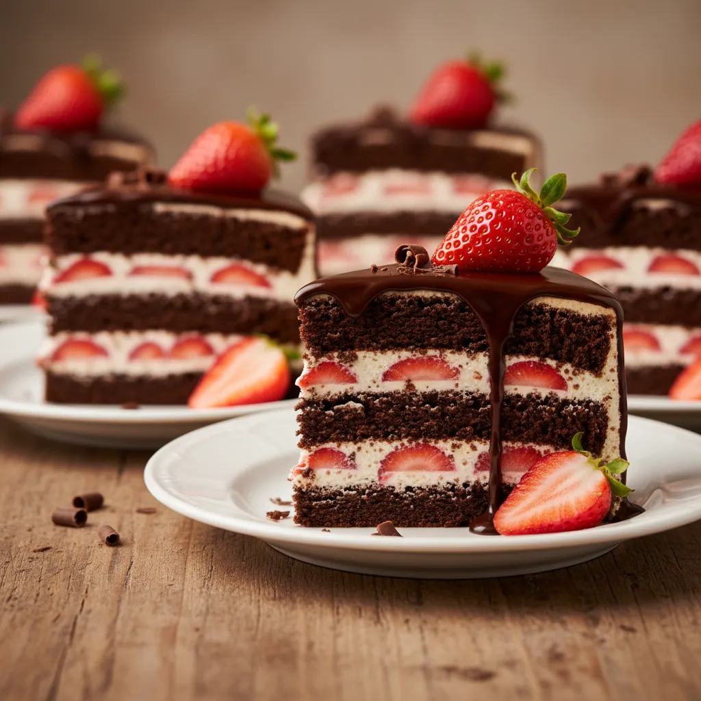 Fatia de bolo de chocolate com recheio de morango e creme de leite, cobertura de ganache, sobre prato branco com morangos frescos