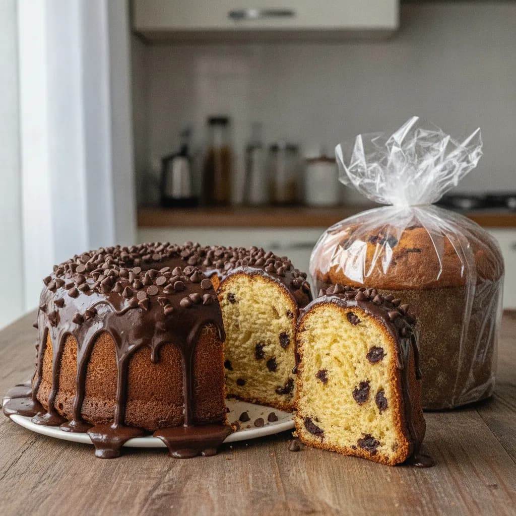 Bolo chocotone em forma de furo com cobertura de chocolate e gotas de chocolate, fatia mostrando o miolo, e um chocotone embalado em celofane para venda