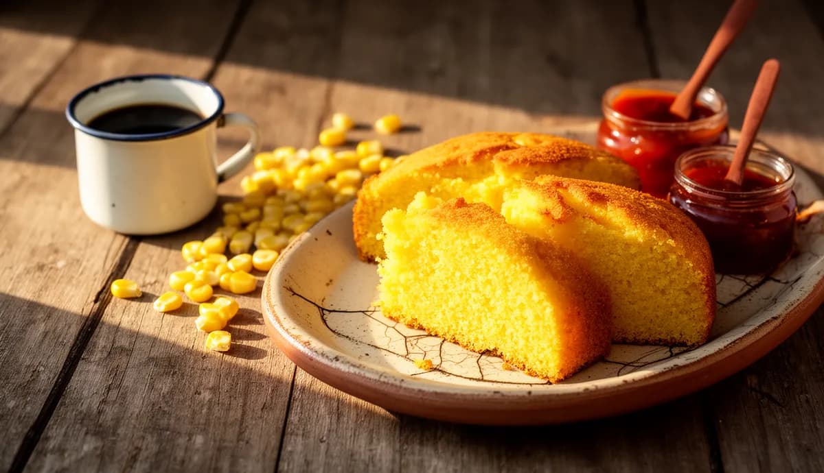 Fatia de bolo de fubá caseiro com textura macia ao lado de xícara de café, goiabada e milho fresco em mesa de madeira rústica
