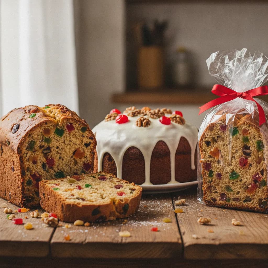 Bolo de Natal com frutas cristalizadas e nozes fatiado, bolo decorado com glacê, cerejas e nozes, e um bolo embalado em celofane com fita vermelha