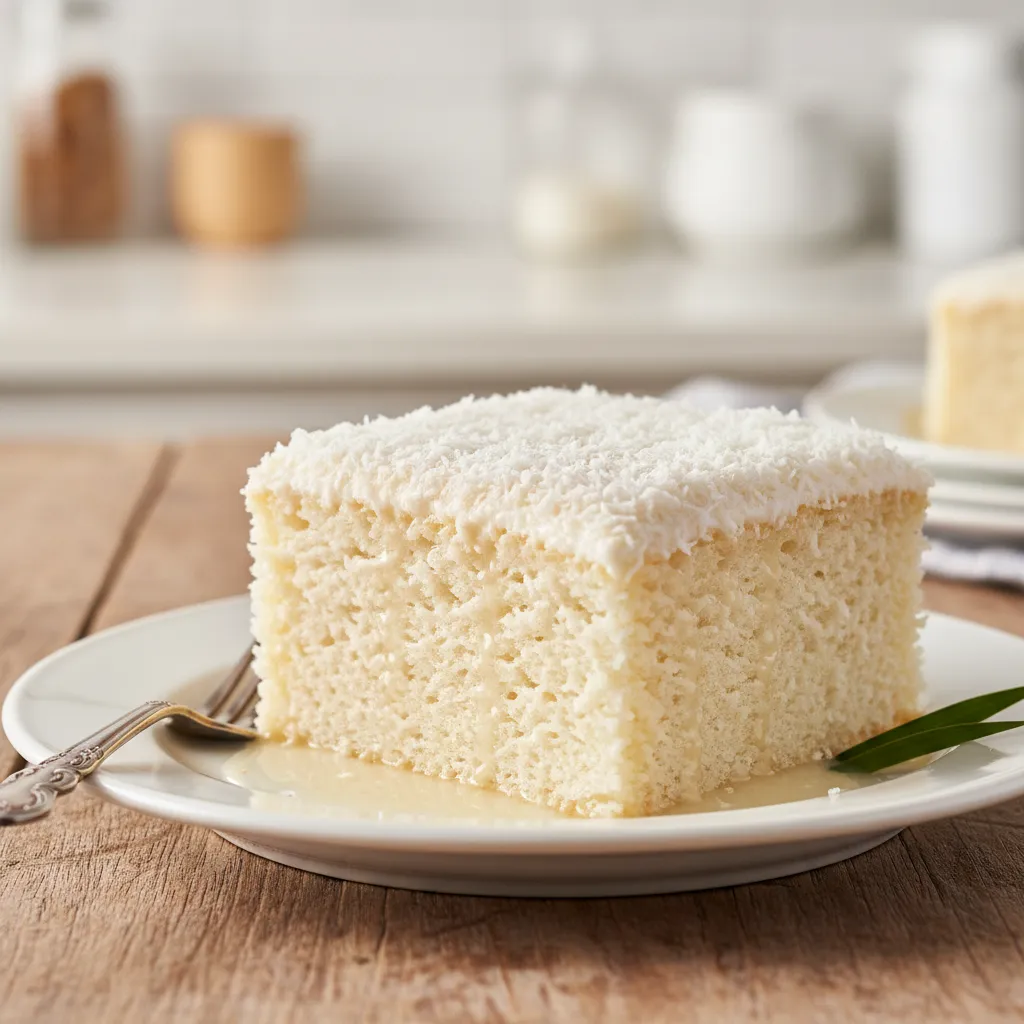 Fatia de bolo gelado de coco com cobertura de calda de leite condensado e coco fresco ralado em prato branco