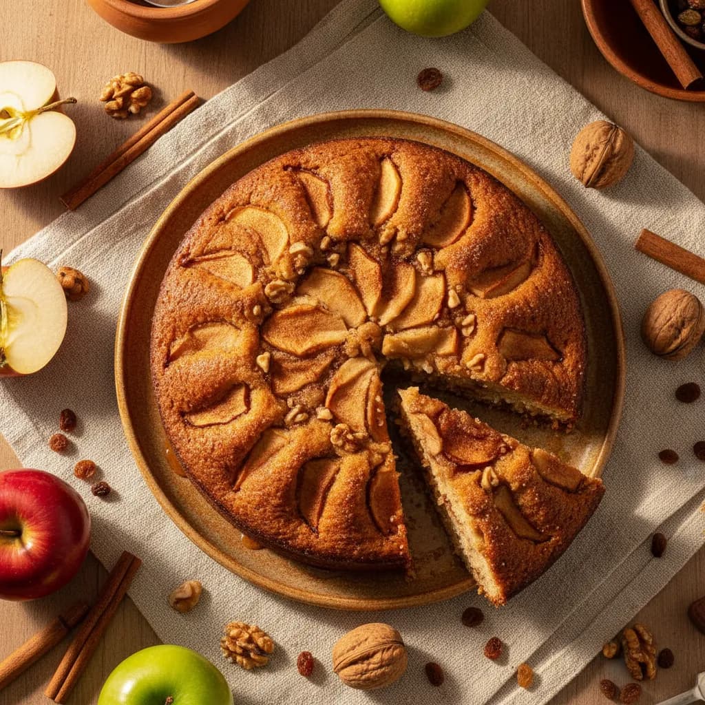 Bolo de maçã e canela fatiado em prato cerâmico, com maçãs frescas, canela em pau e nozes ao redor, iluminação natural
