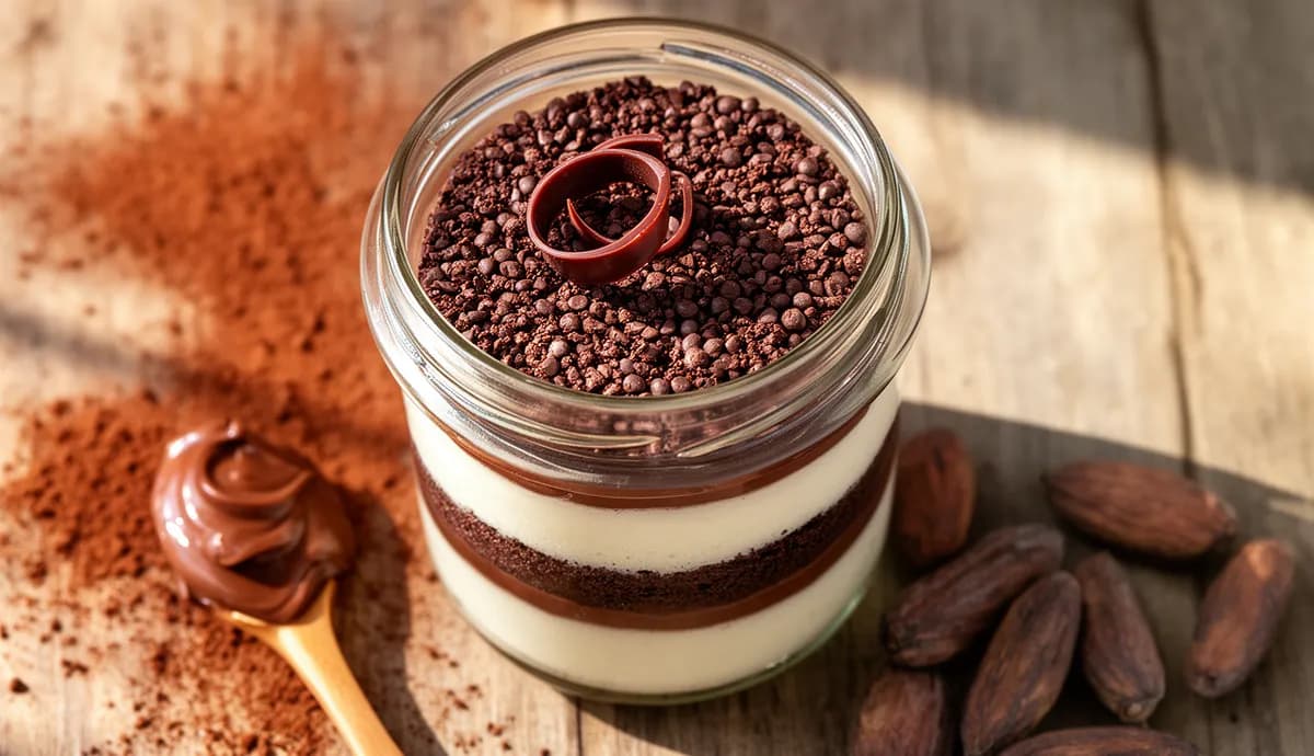 Bolo no pote dois amores em camadas com massa branca, ganache de chocolate e granulado, em pote de vidro transparente sobre superfície de madeira