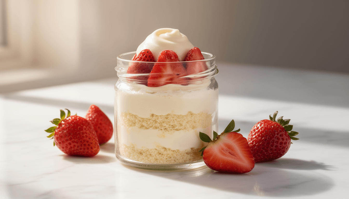 Bolo no pote com brigadeiro branco e morango fresco em camadas visíveis, apresentação sofisticada em vidro transparente