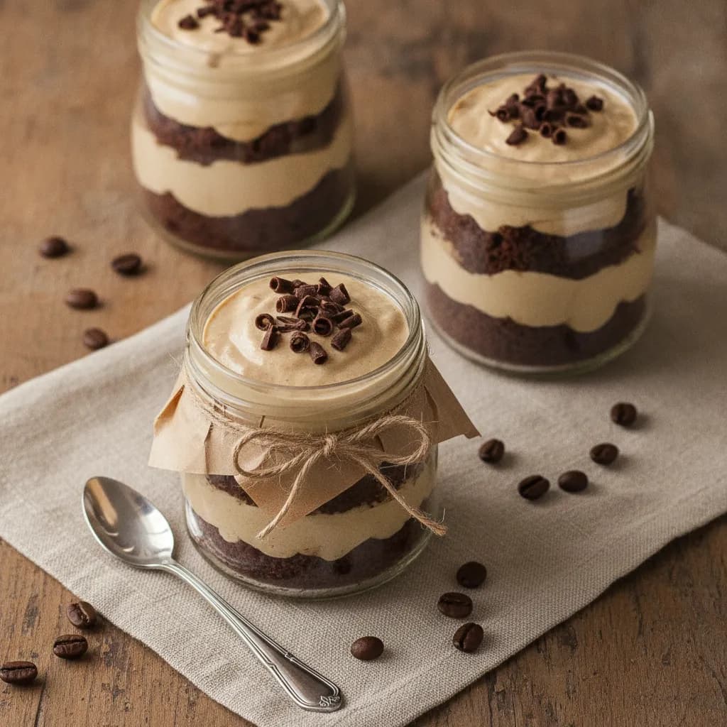 Três potes de vidro com bolo no pote de chocolate e café em camadas, colher de sobremesa e grãos de café sobre pano bege com luz natural