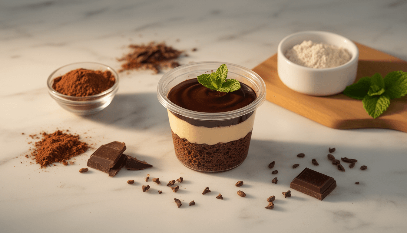 Bolo no pote com leite ninho e ganache de chocolate em embalagem descartável, com ingredientes ao redor