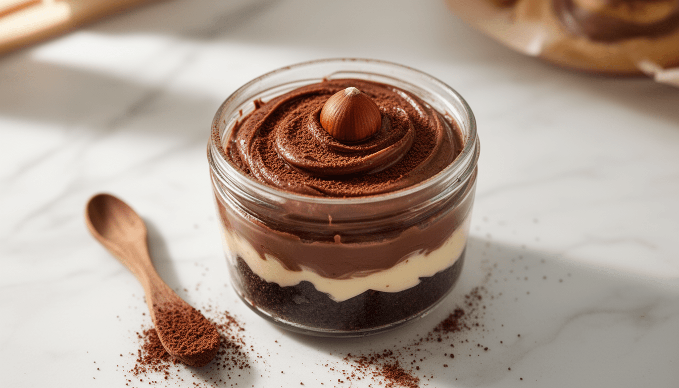 Bolo no pote com camadas de brigadeiro ao leite e Nutella em pote transparente sobre mármore branco