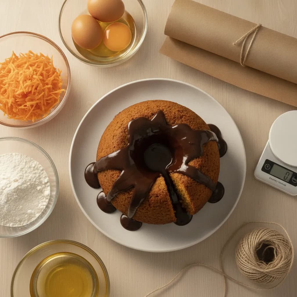 Bolo de cenoura em forma com furo central, com brigadeiro de chocolate escorrendo pelas laterais e uma fatia cortada mostrando o miolo laranja
