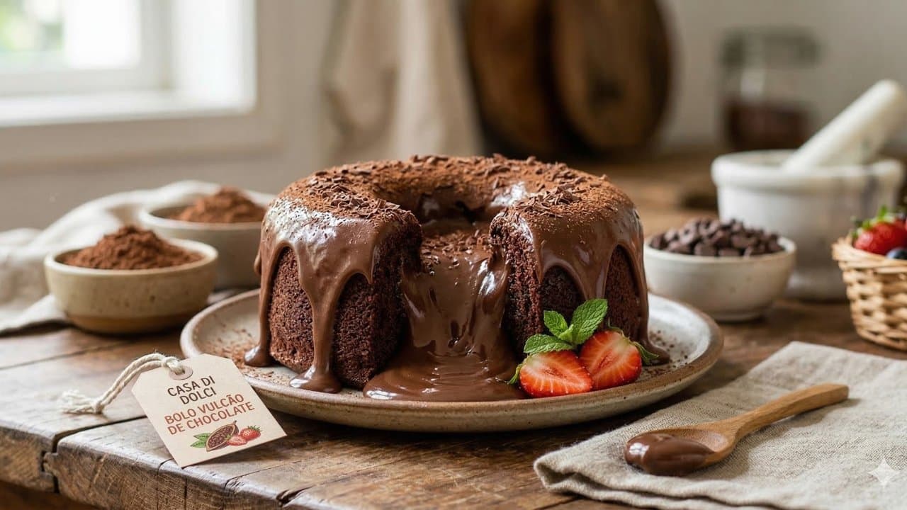 Bolo vulcão de chocolate cortado ao meio exibindo calda de chocolate derretida no centro, sobre suporte de madeira com decorações de framboesa e ouro
