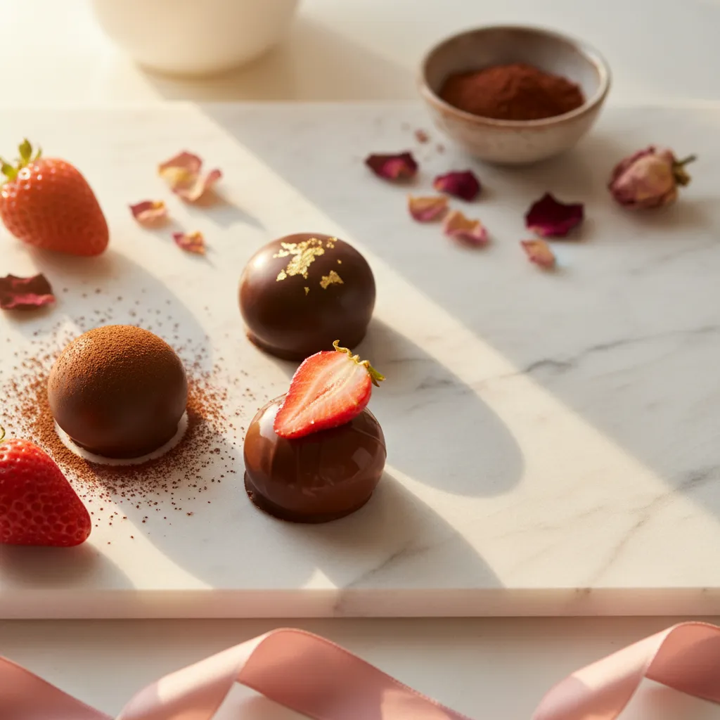 Três bombons artesanais de chocolate com recheios variados sobre superfície de mármore branco, com morango fresco e pétalas de rosa