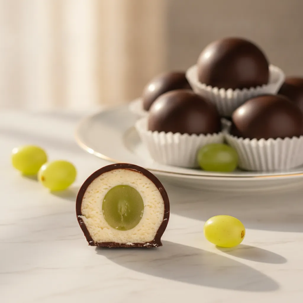 Bombom de uva com cobertura de chocolate em prato branco, iluminação natural, fotografia profissional de alimentos