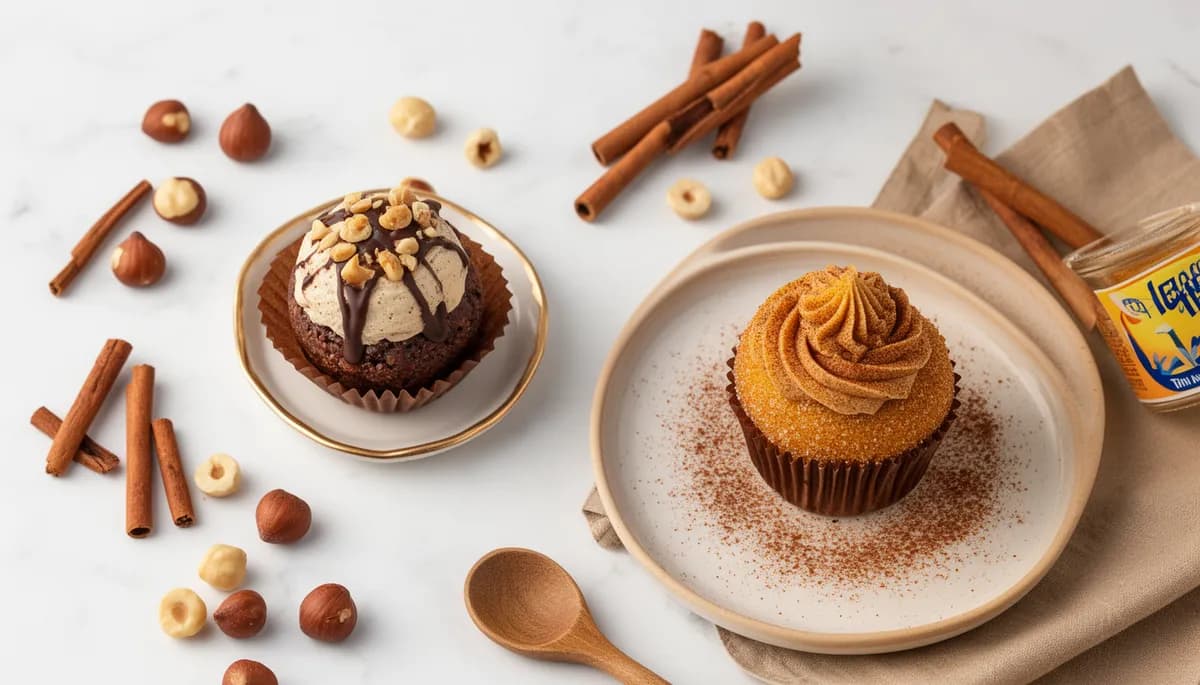Brigadeiro de Ninho com Avelã e Brigadeiro de Churros em pratos de cerâmica com ingredientes ao redor