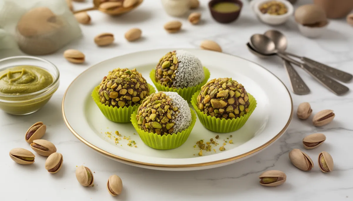 Brigadeiros de pistache gourmet em prato branco com pistache fresco ao redor