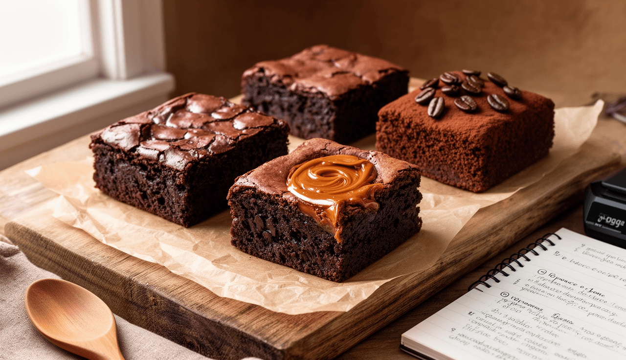 Três variações de brownie brasileiro em papel manteiga: brownie clássico, brownie com doce de leite e brownie com café, sobre tábua de madeira com iluminação natural
