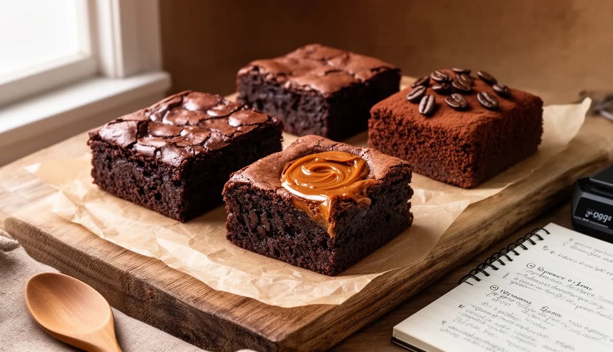 Três variações de brownie brasileiro em papel manteiga: brownie clássico, brownie com doce de leite e brownie com café, sobre tábua de madeira com iluminação natural