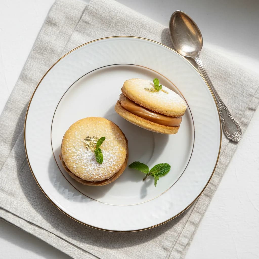 Casadinho de doce de leite em prato branco com detalhe da cobertura de ouro e menta fresca