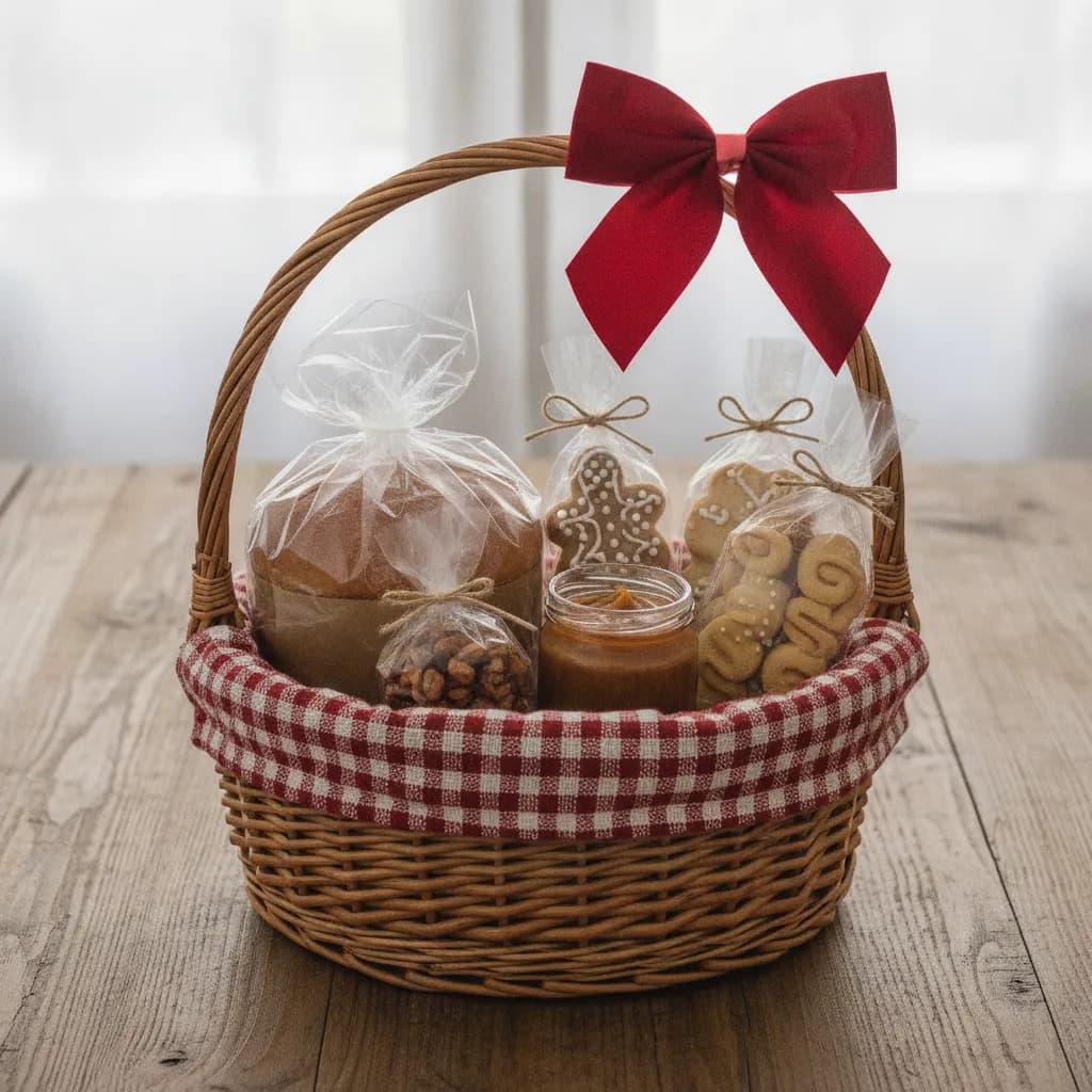Cesta de Natal de vime com tecido xadrez vermelho, panetone embalado, castanhas caramelizadas, biscoitos de gengibre, pote de doce e laço vermelho