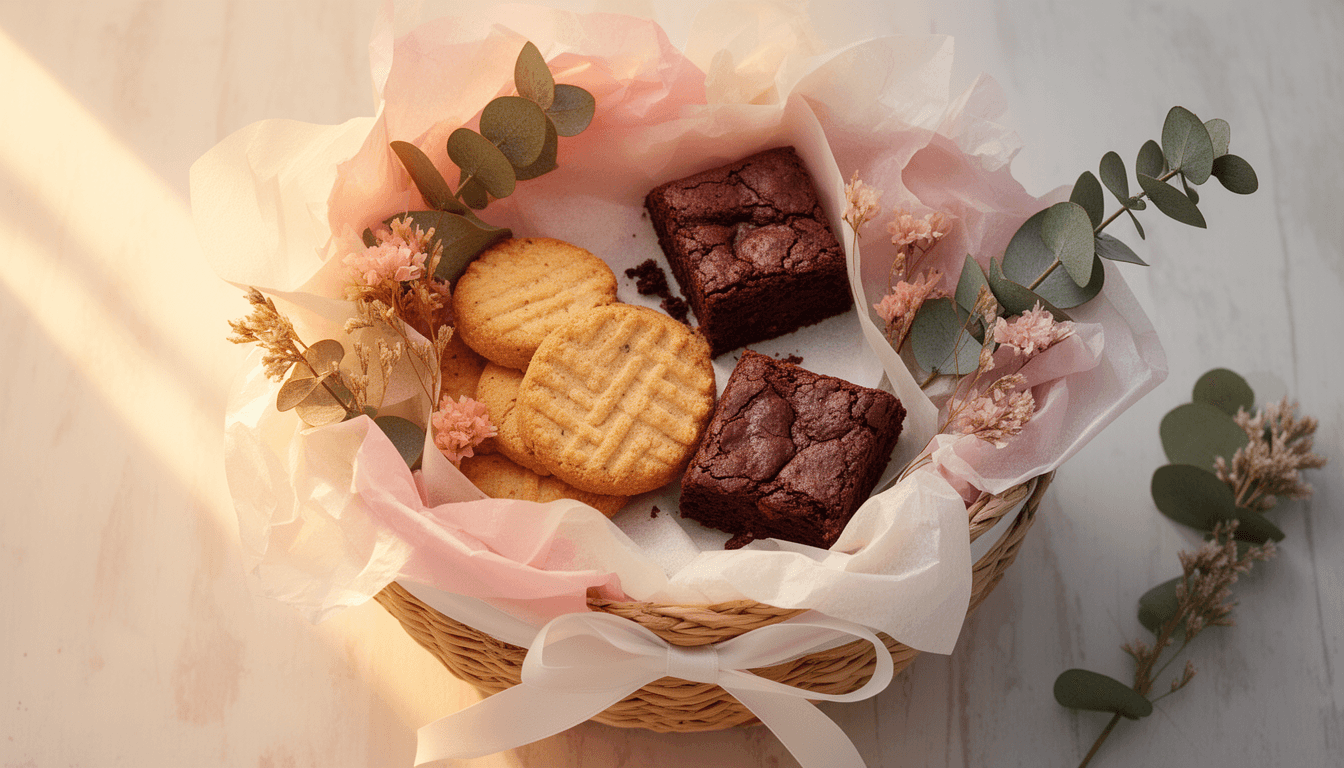 Cesta de confeitaria para Dia das Mães com biscoitos amanteigados e brownies em embalagem sofisticada