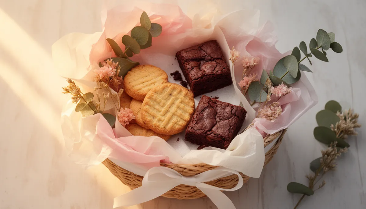 Cesta de confeitaria para Dia das Mães com biscoitos amanteigados e brownies em embalagem sofisticada