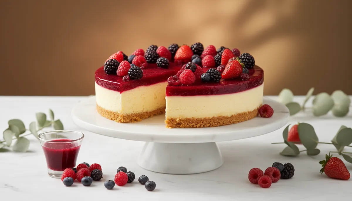Cheesecake de frutas vermelhas com camadas visíveis de biscoito, cream cheese e cobertura de geleia, acompanhado de frutas vermelhas frescas