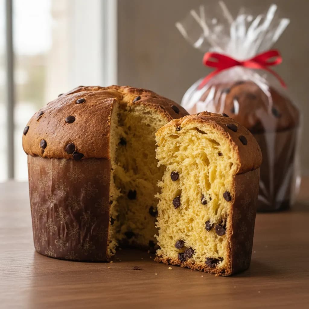 Chocotone caseiro cortado mostrando miolo fofo e desfiado com gotas de chocolate, ao lado de um chocotone embalado em celofane com fita vermelha