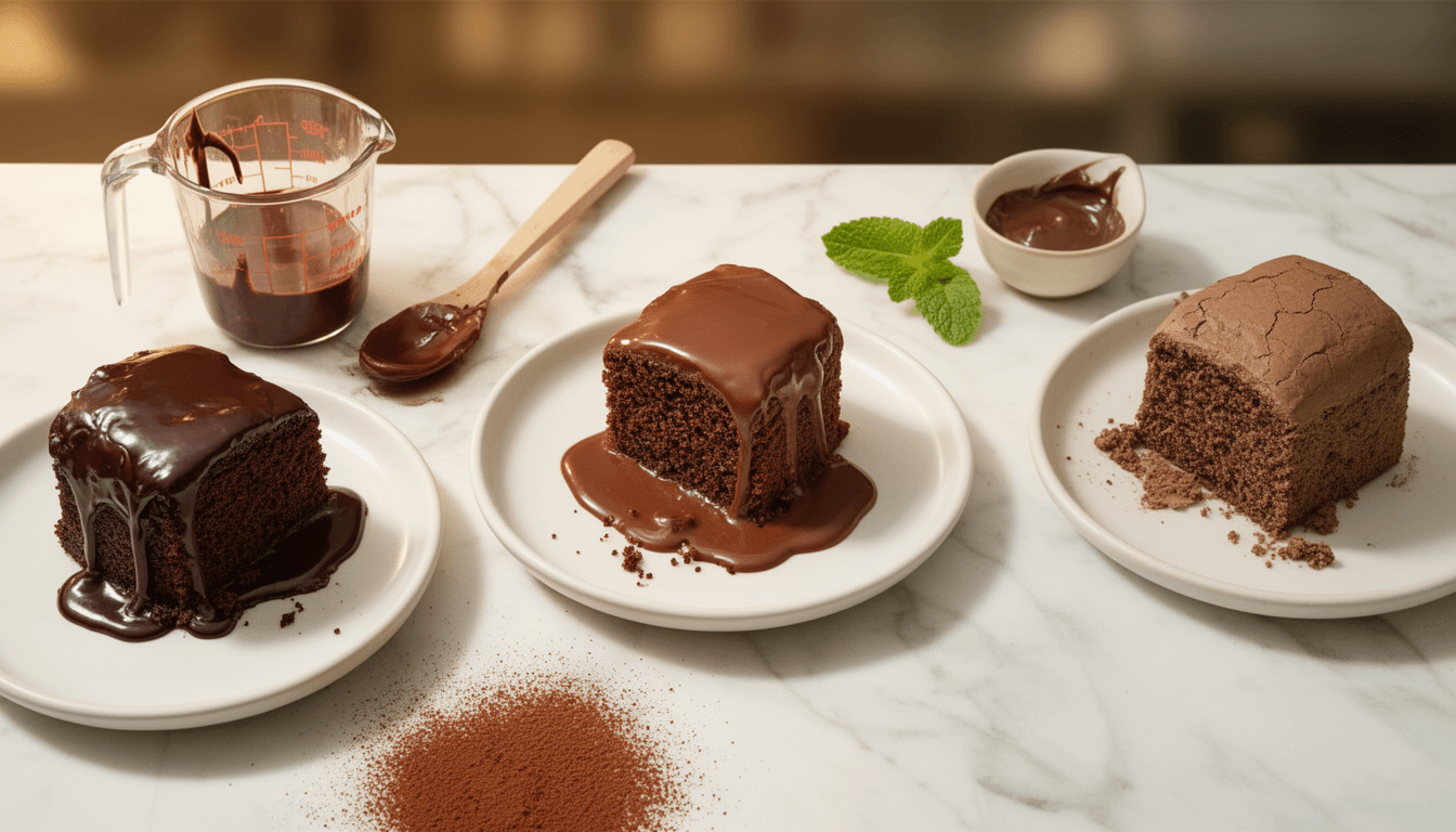 Três fatias de bolo com diferentes coberturas de ganache de chocolate ao lado de ingredientes e utensílios de confeitaria sobre superfície de mármore branco