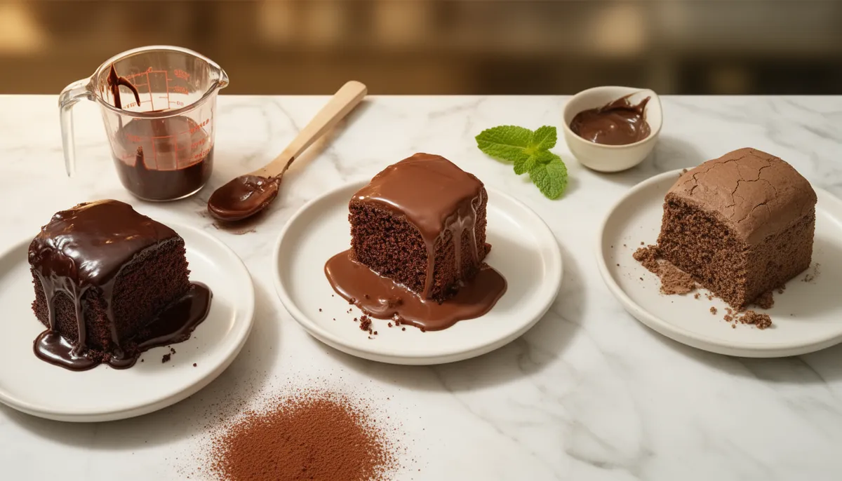 Três fatias de bolo com diferentes coberturas de ganache de chocolate ao lado de ingredientes e utensílios de confeitaria sobre superfície de mármore branco