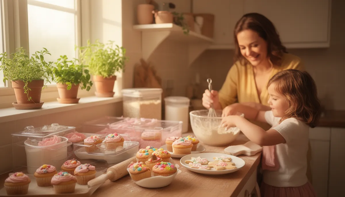 Mãe e filha pequena juntas na cozinha caseira, com cupcakes e biscoitos decorados sobre prato branco, luz natural quente, ambiente aconchegante e organizado