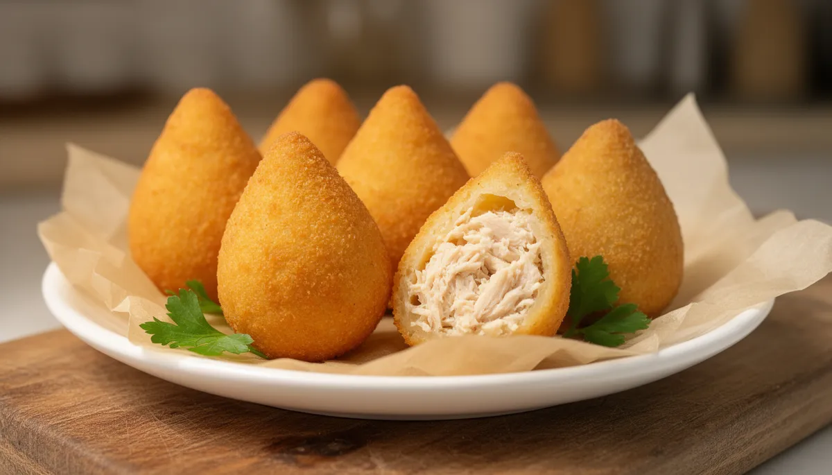 Coxinhas douradas fritas em prato branco com uma cortada ao meio mostrando recheio de frango desfiado cremoso