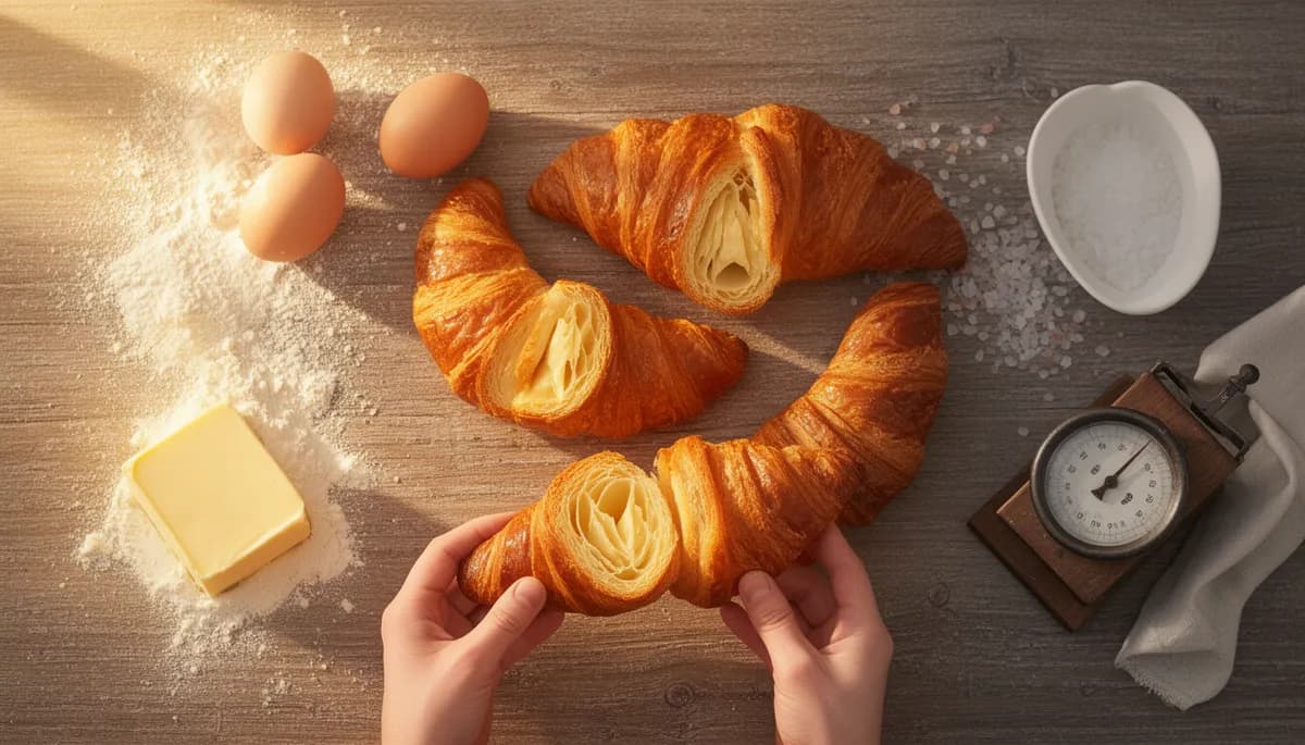 Croissants folhados dourados em mesa de madeira com ingredientes artesanais e luz natural