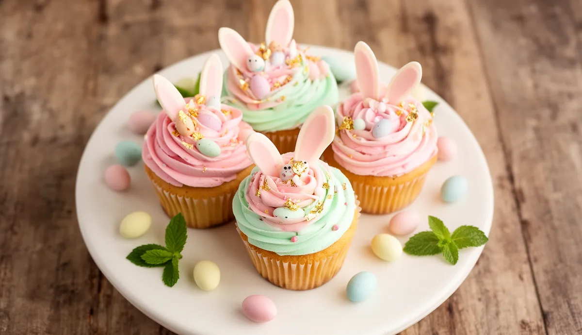 Cupcakes decorados para Páscoa com cobertura rosa e verde menta, orelhinhas de coelho em fondant e ovos coloridos ao redor em prato branco