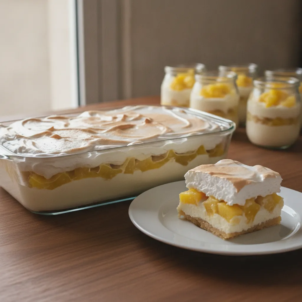 Delícia de abacaxi numa travessa de vidro com camadas de creme, doce de abacaxi e merengue tostado, com potes individuais para venda ao fundo