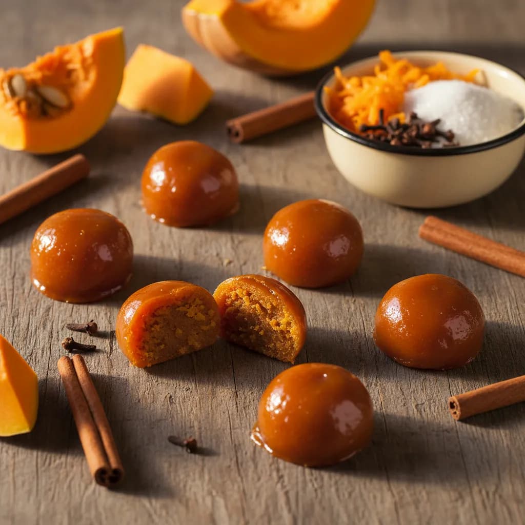 Doces de abóbora artesanais em tons âmbar com canela e especiarias em superfície de madeira rústica
