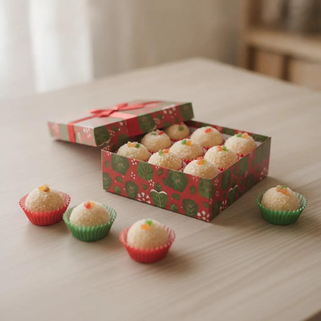 Brigadeiros de panetone passados no açúcar em forminhas vermelhas e verdes, arrumados numa caixinha de presente de Natal com 9 unidades