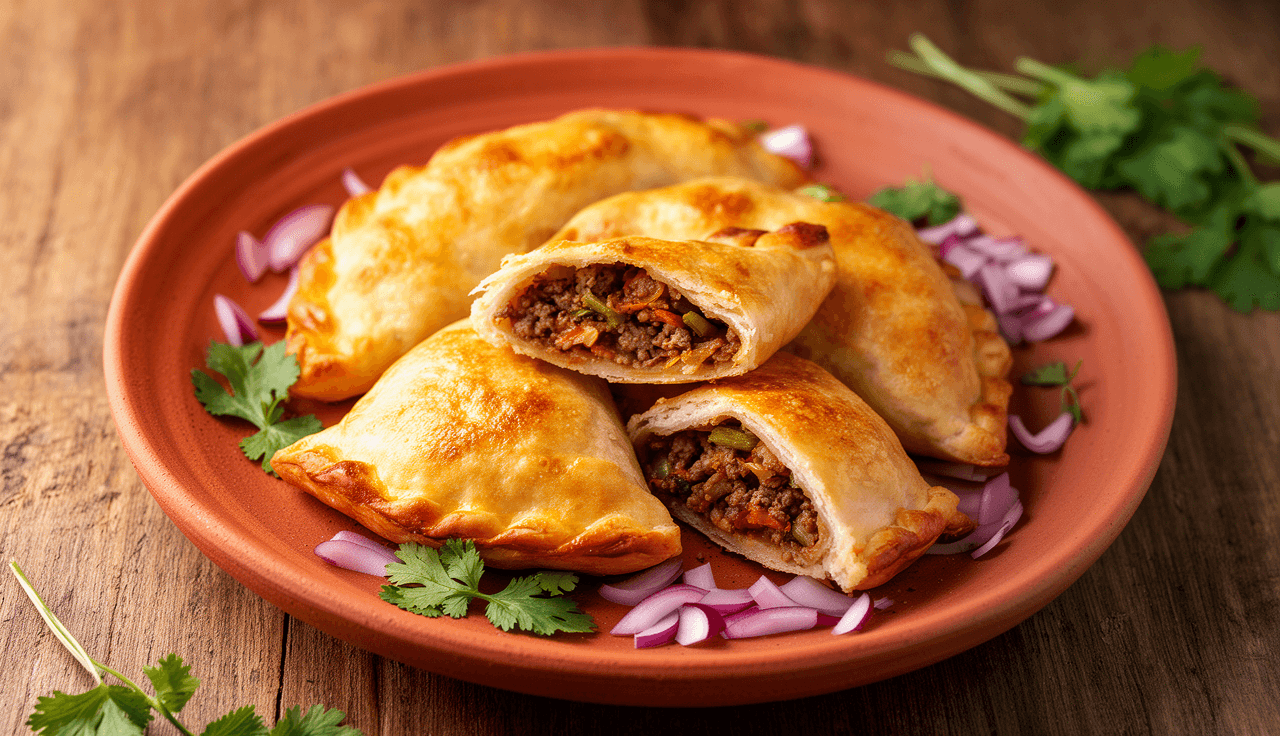 Empanadas chilenas assadas em prato cerâmico, uma cortada ao meio mostrando recheio de carne e vegetais, com cilantro fresco e cebola roxa ao redor